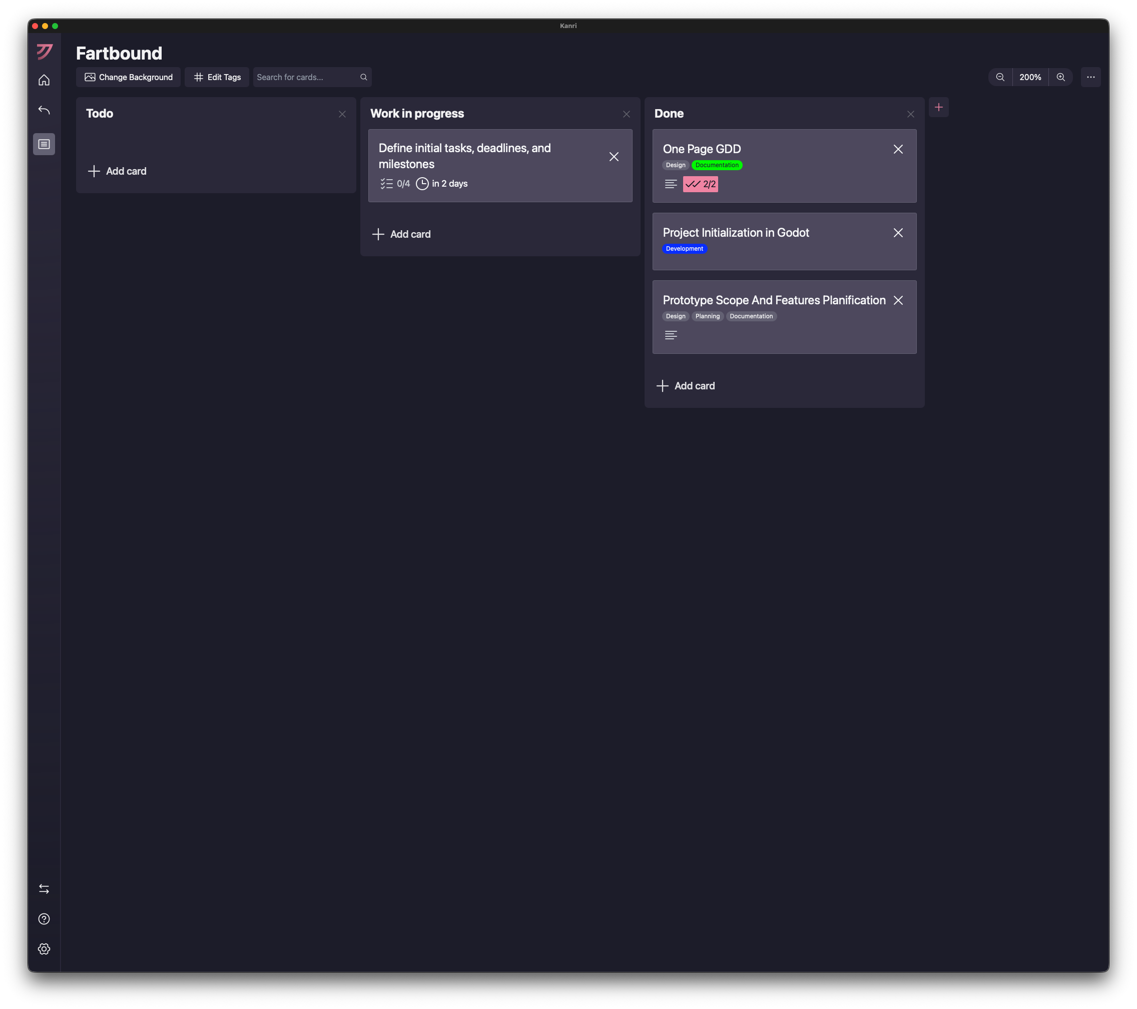 Fartbound kanban board for the project in Kanri